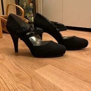 Worthington Black Velvet Triple Strap Mary Jane Heels